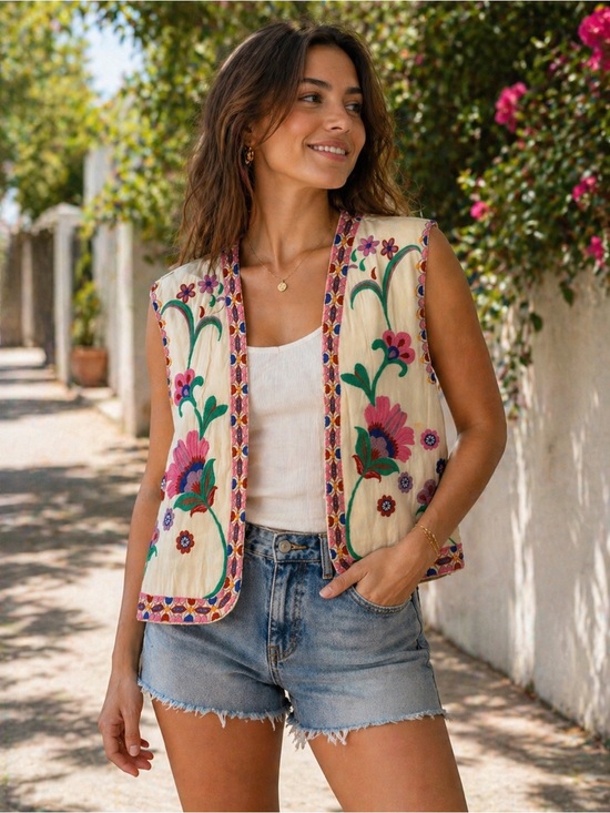 Zara Tops - Zara Cream Sleeveless Embroidered Vest with Pink & Green Accents